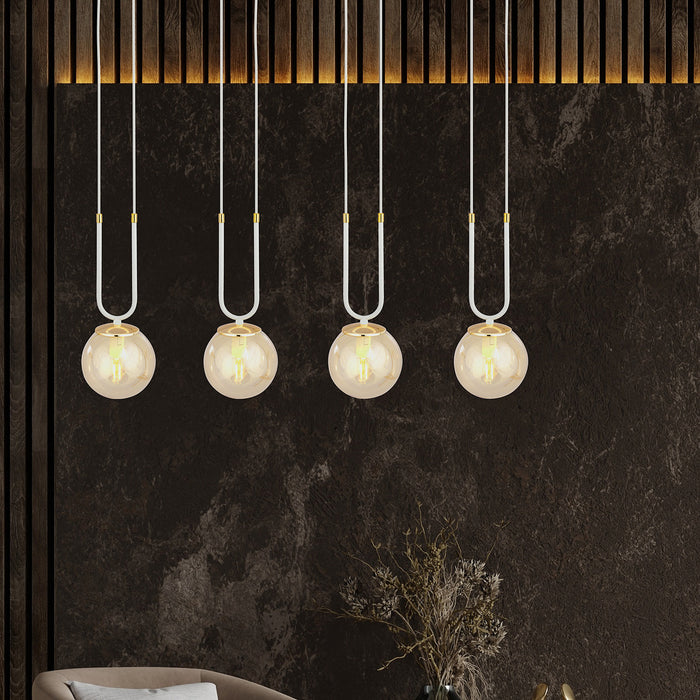 Sospensione Contemporanea 4 Luci Crio Acciaio Bianco Oro E Sfera Vetro Ambra