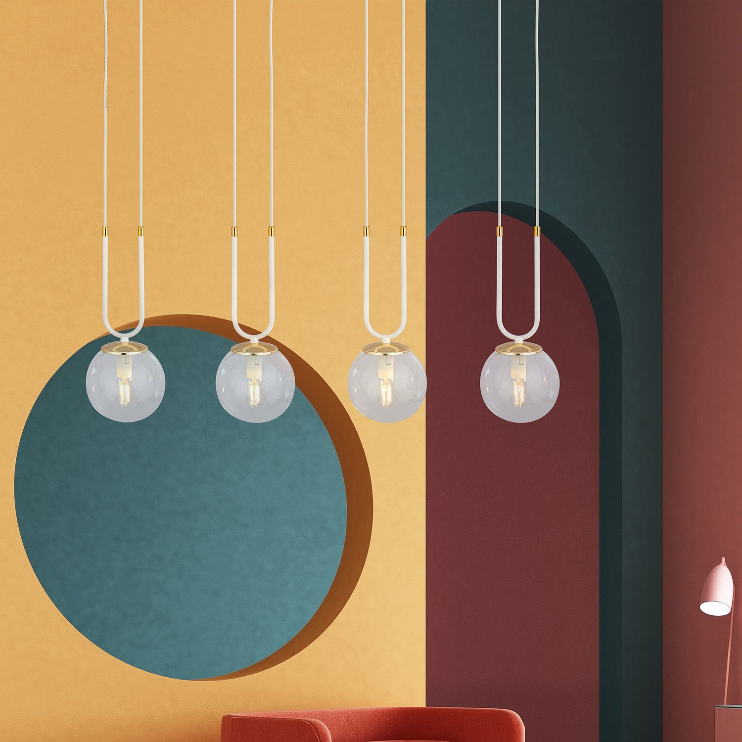 Sospensione 4 Luci Crio In Acciaio Bianco Oro E Sfera In Vetro Trasparente