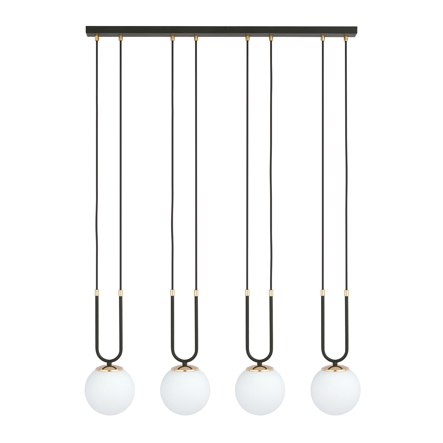 Sospensione Contemporanea 4 Luci Crio In Acciaio Nero Oro E Sfere Vetro Opalino