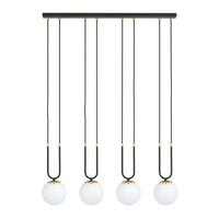 Sospensione Contemporanea 4 Luci Crio In Acciaio Nero Oro E Sfere Vetro Opalino