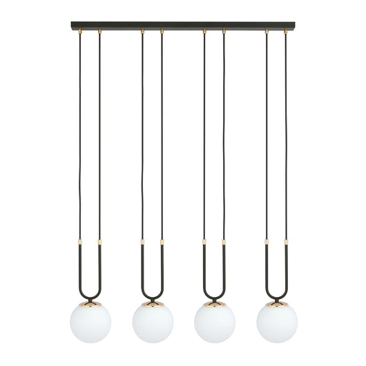 Sospensione Contemporanea 4 Luci Crio In Acciaio Nero Oro E Sfere Vetro Opalino