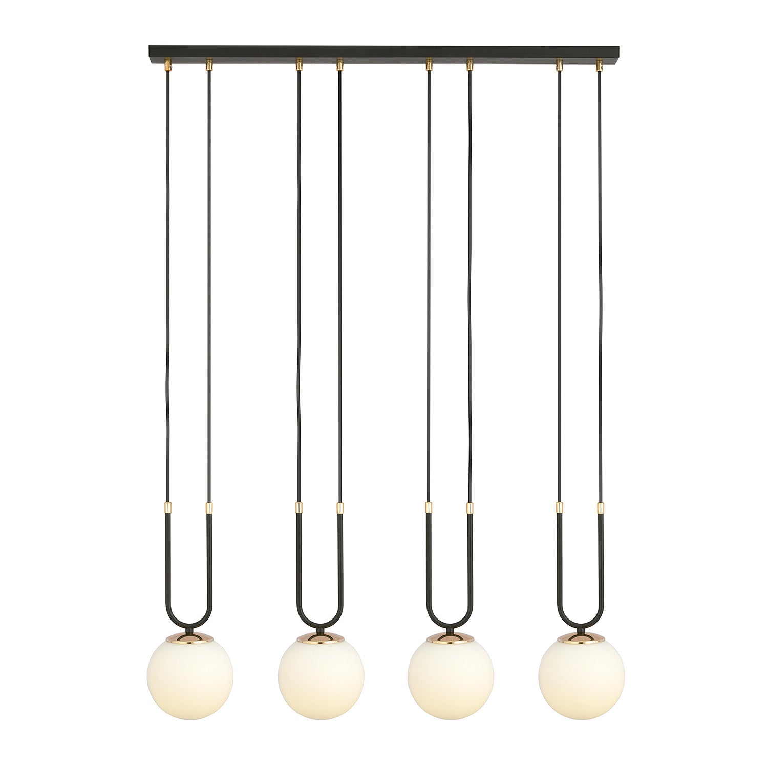 Sospensione Contemporanea 4 Luci Crio In Acciaio Nero Oro E Sfere Vetro Opalino