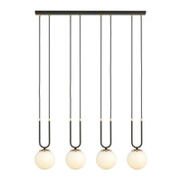 Sospensione Contemporanea 4 Luci Crio In Acciaio Nero Oro E Sfere Vetro Opalino