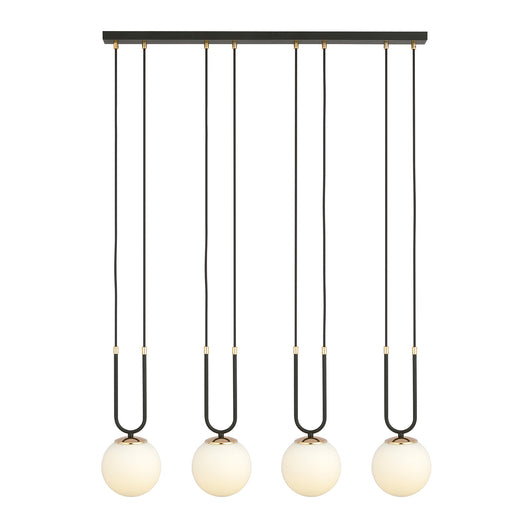 Sospensione Contemporanea 4 Luci Crio In Acciaio Nero Oro E Sfere Vetro Opalino