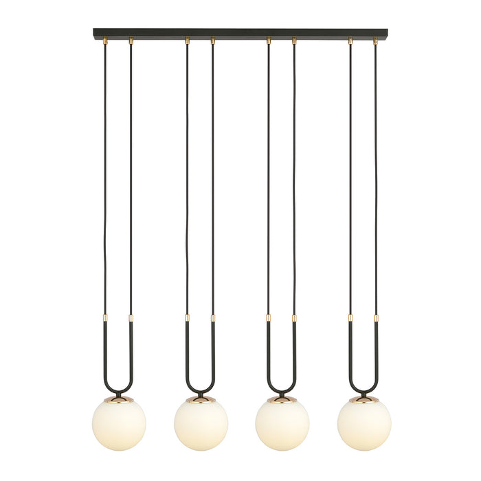 Sospensione Contemporanea 4 Luci Crio In Acciaio Nero Oro E Sfere Vetro Opalino