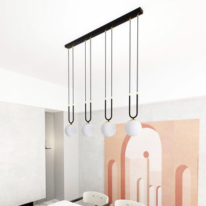 Sospensione Contemporanea 4 Luci Crio In Acciaio Nero Oro E Sfere Vetro Opalino