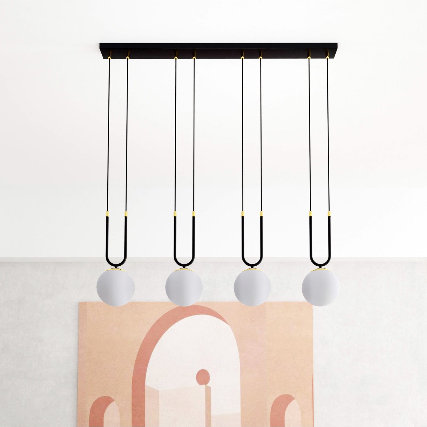 Sospensione Contemporanea 4 Luci Crio In Acciaio Nero Oro E Sfere Vetro Opalino