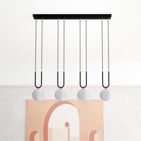 Sospensione Contemporanea 4 Luci Crio In Acciaio Nero Oro E Sfere Vetro Opalino