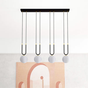 Sospensione Contemporanea 4 Luci Crio In Acciaio Nero Oro E Sfere Vetro Opalino