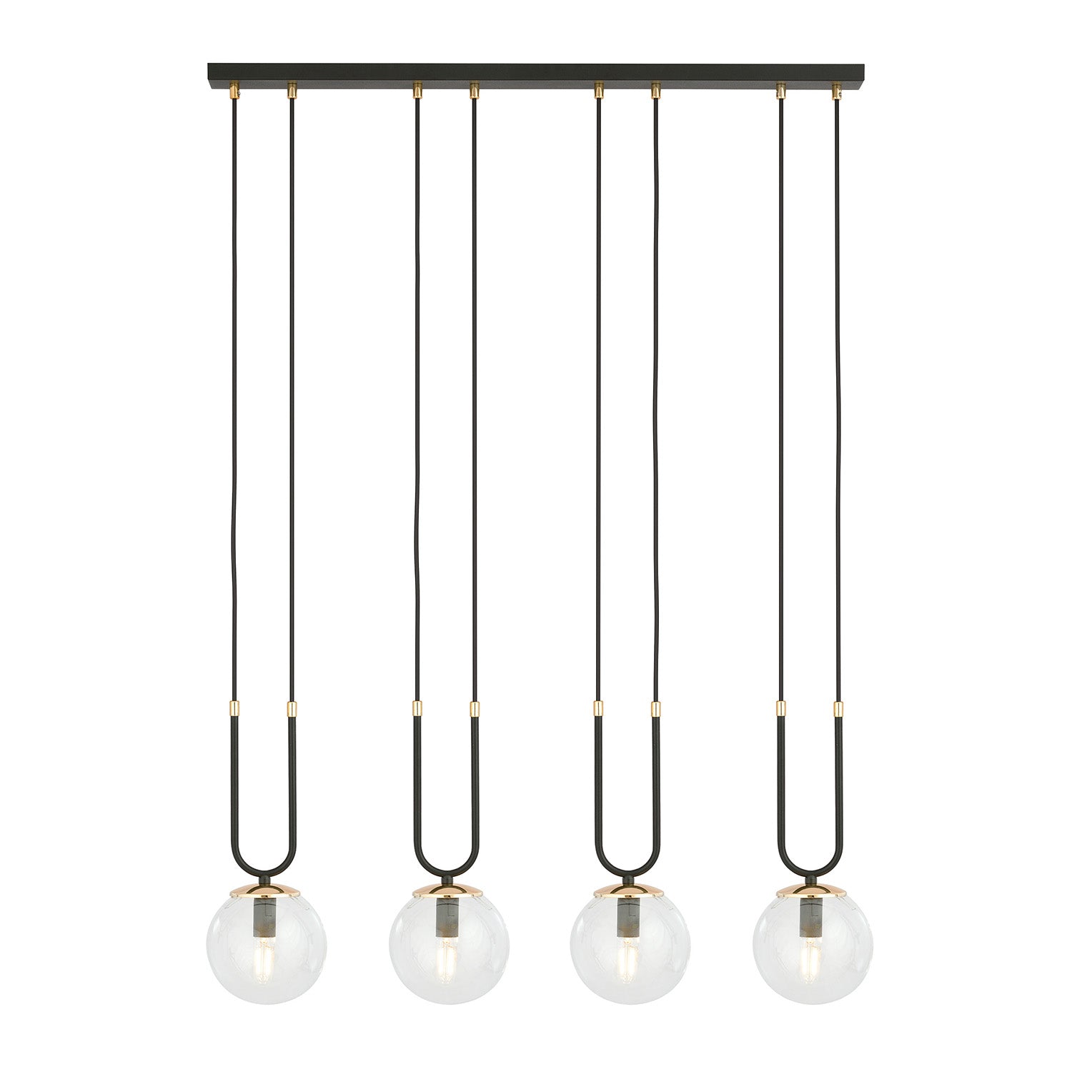 Sospensione Contemporanea 4 Luci Crio Acciaio Nero Oro E Sfera Vetro Trasparente