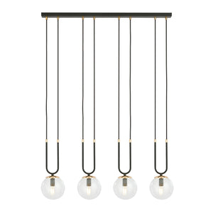 Sospensione Contemporanea 4 Luci Crio Acciaio Nero Oro E Sfera Vetro Trasparente