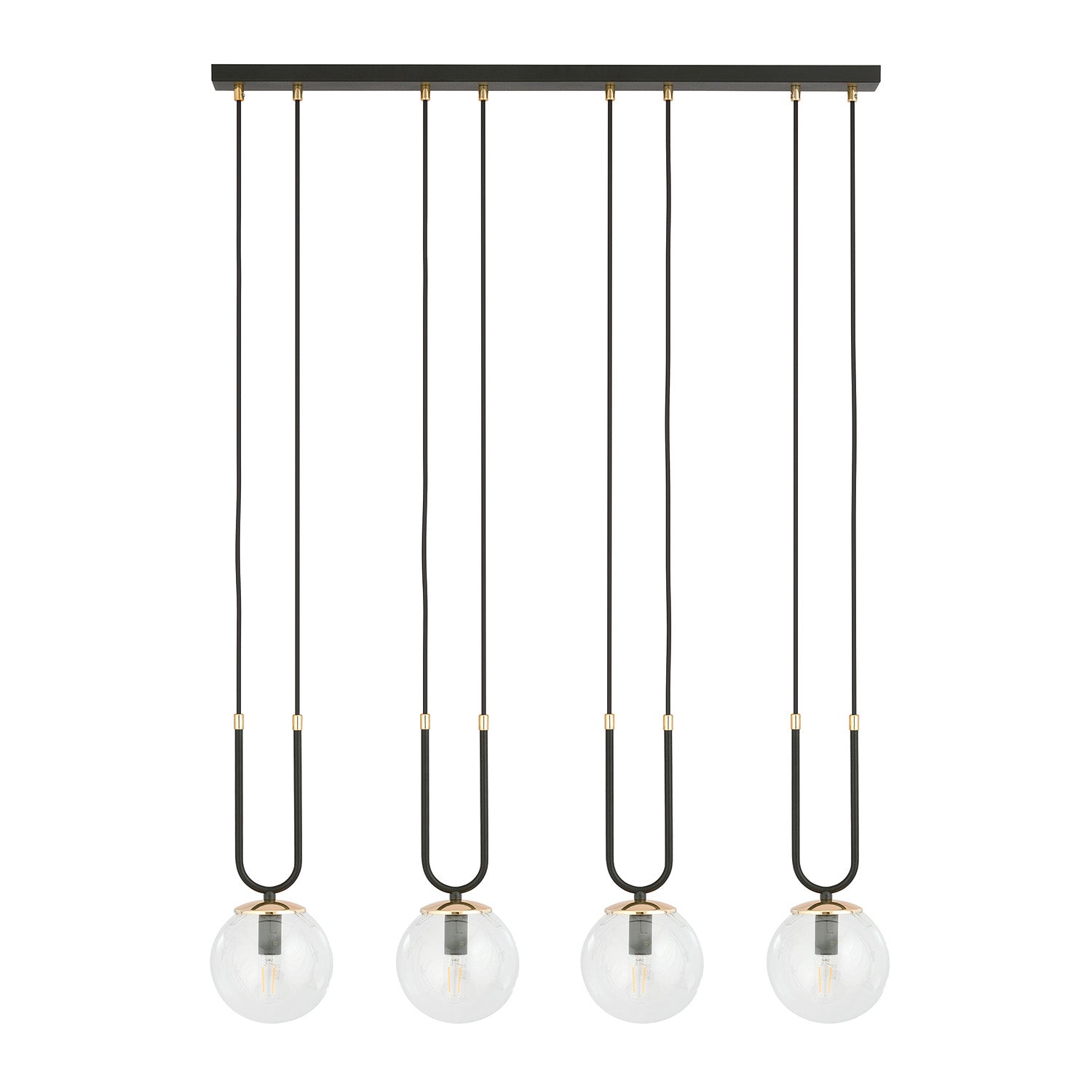 Sospensione Contemporanea 4 Luci Crio Acciaio Nero Oro E Sfera Vetro Trasparente