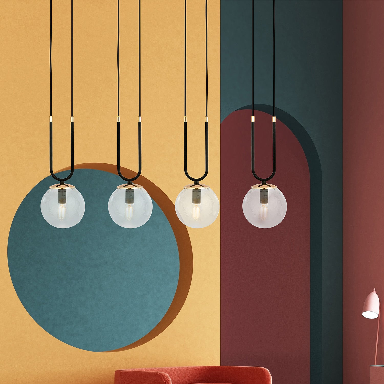 Sospensione Contemporanea 4 Luci Crio Acciaio Nero Oro E Sfera Vetro Trasparente