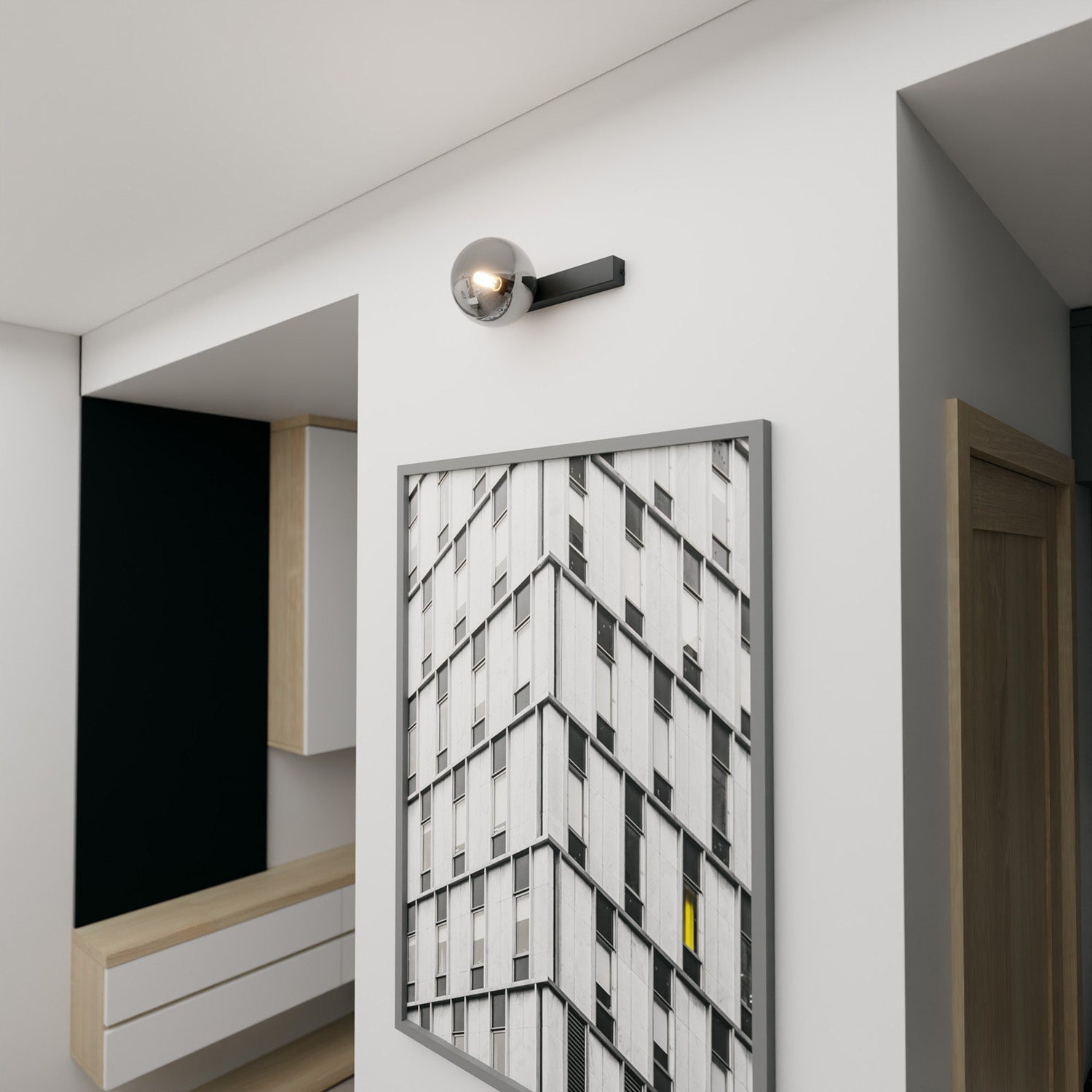 Plafoniera Moderna 1 Luce Giapeto Barra In Acciaio Nero E Sfera Di Vetro Fumè