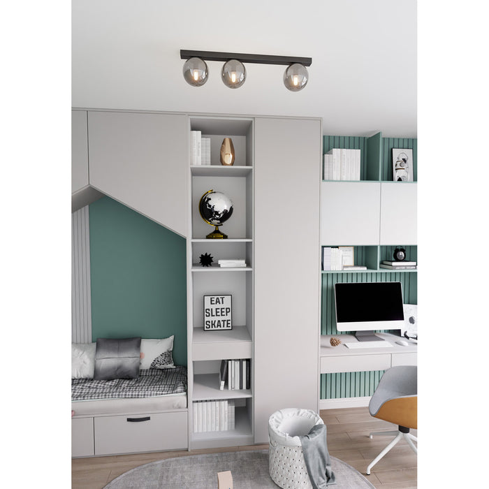 Plafoniera Moderna 3 Luci Giapeto Barra In Acciaio Nero E Sfere Di Vetro Fumè