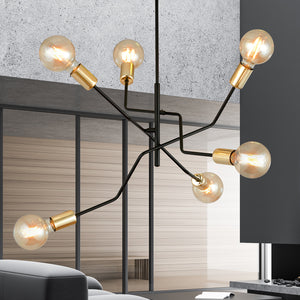 Sospensione Industrial 6 Luci Temi In Acciaio Nero E Oro Bracci Regolabili