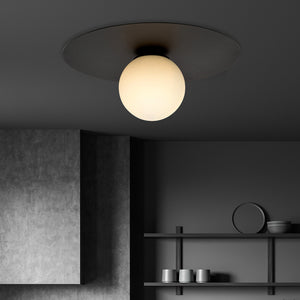 Plafoniera Minimal 1 Luce Mnemosine In Acciaio Nero E Sfera Di Vetro Opale