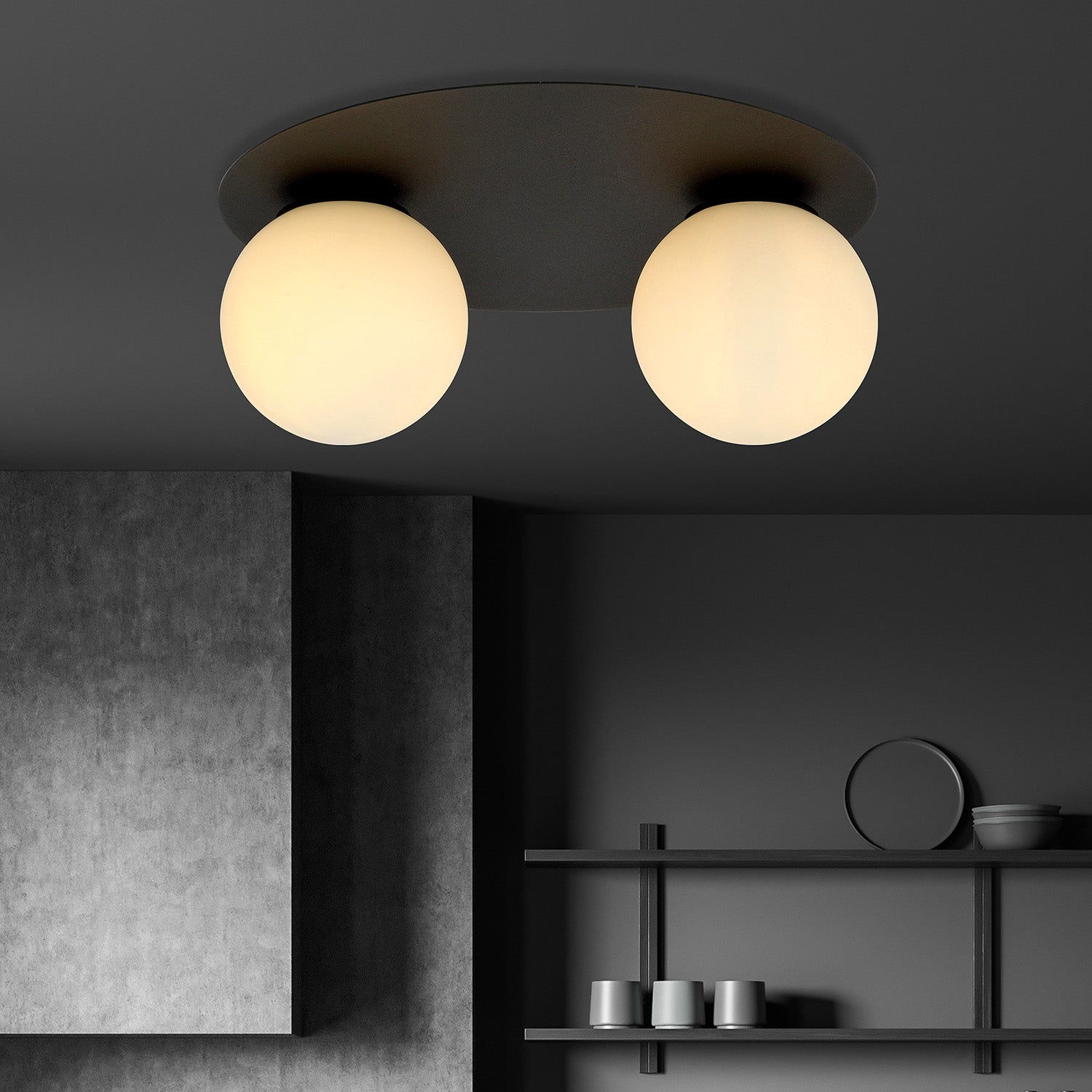 Plafoniera Minimal 2 Luci Mnemosine In Acciaio Nero E Sfere Di Vetro Opale