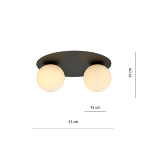 Plafoniera Minimal 2 Luci Mnemosine In Acciaio Nero E Sfere Di Vetro Opale