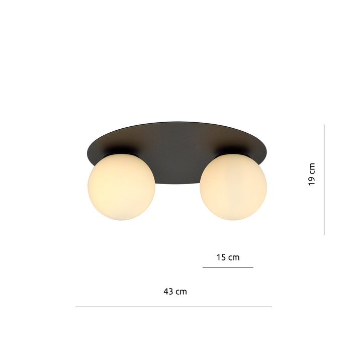 Plafoniera Minimal 2 Luci Mnemosine In Acciaio Nero E Sfere Di Vetro Opale