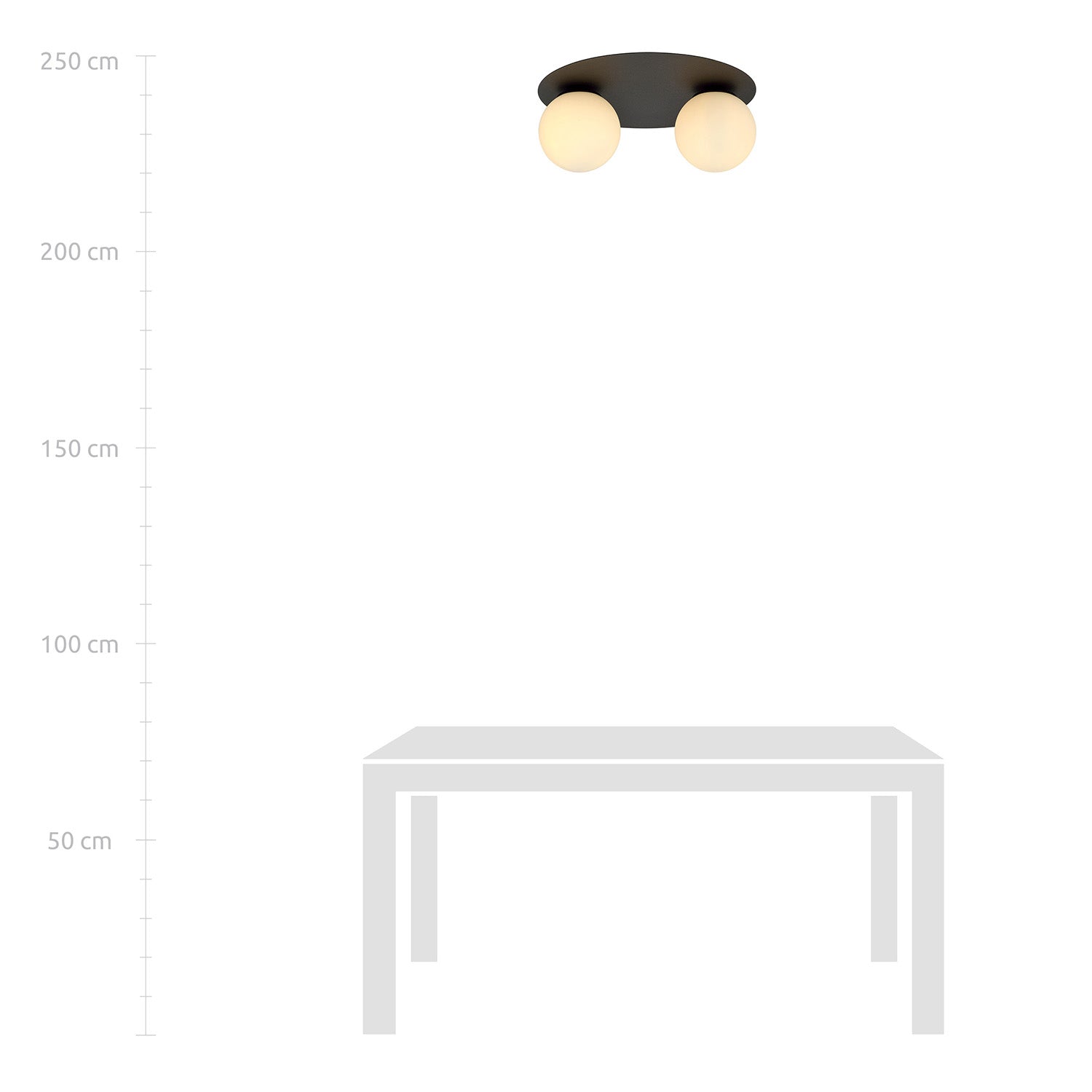 Plafoniera Minimal 2 Luci Mnemosine In Acciaio Nero E Sfere Di Vetro Opale