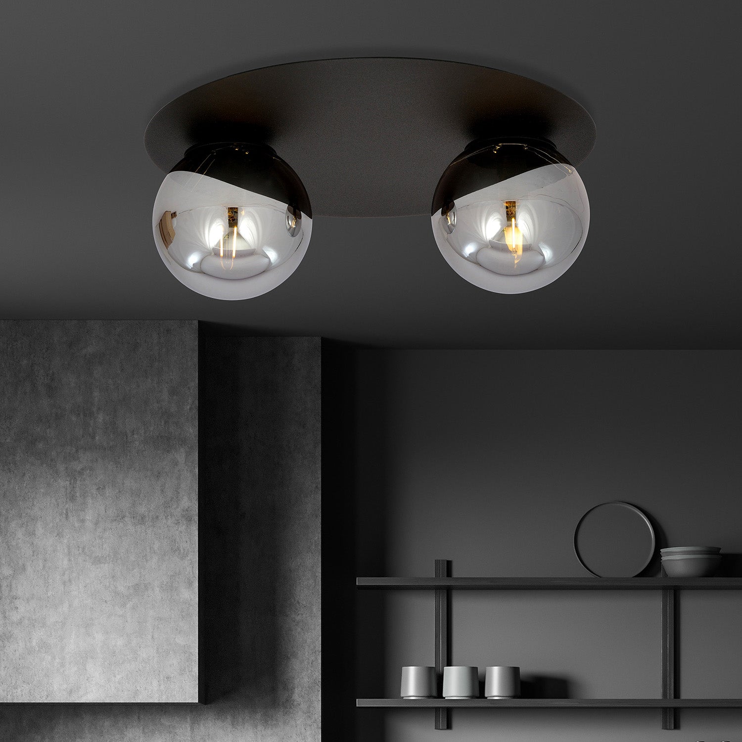 Plafoniera Minimal 2 Luci Mnemosine In Acciaio Nero E Sfere Di Vetro Fumè