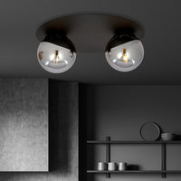 Plafoniera Minimal 2 Luci Mnemosine In Acciaio Nero E Sfere Di Vetro Fumè
