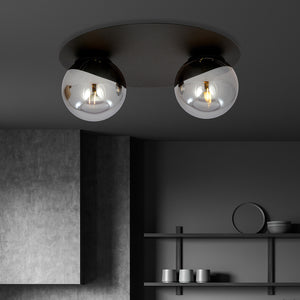 Plafoniera Minimal 2 Luci Mnemosine In Acciaio Nero E Sfere Di Vetro Fumè