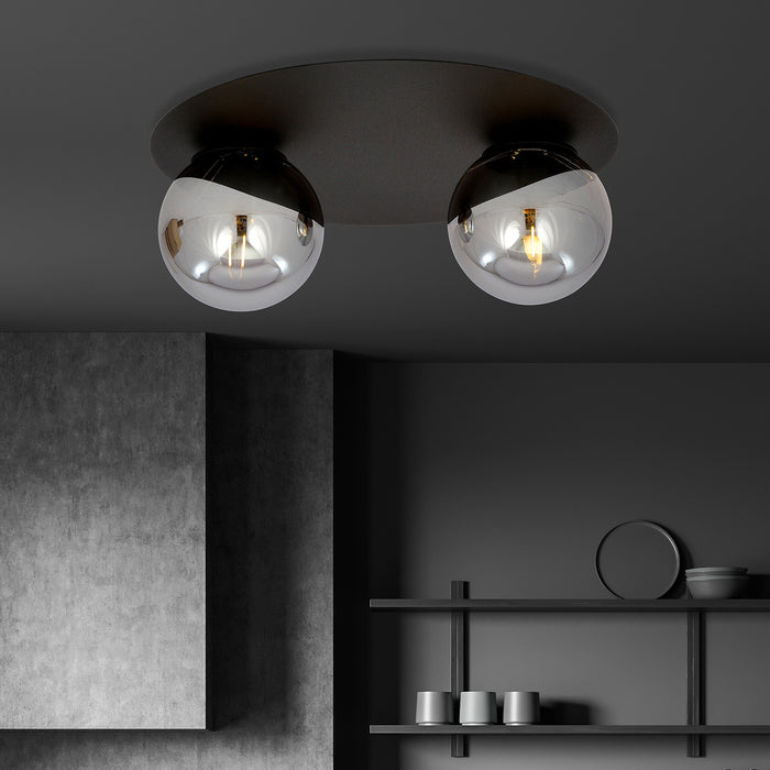 Plafoniera Minimal 2 Luci Mnemosine In Acciaio Nero E Sfere Di Vetro Fumè