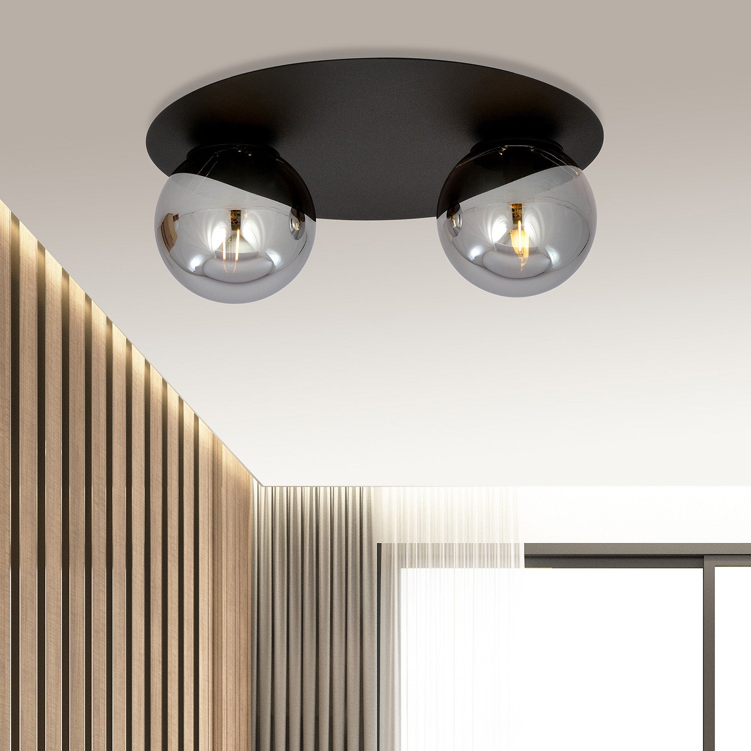 Plafoniera Minimal 2 Luci Mnemosine In Acciaio Nero E Sfere Di Vetro Fumè