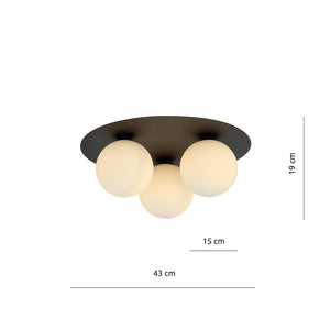 Plafoniera Minimal 3 Luci Mnemosine In Acciaio Nero E Sfere Di Vetro Opale