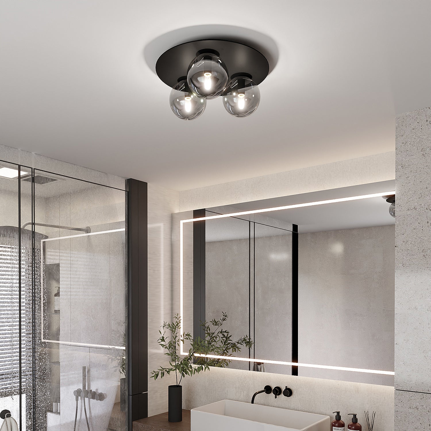 Plafoniera Minimal 3 Luci Mnemosine In Acciaio Nero E Sfere Di Vetro Fumè