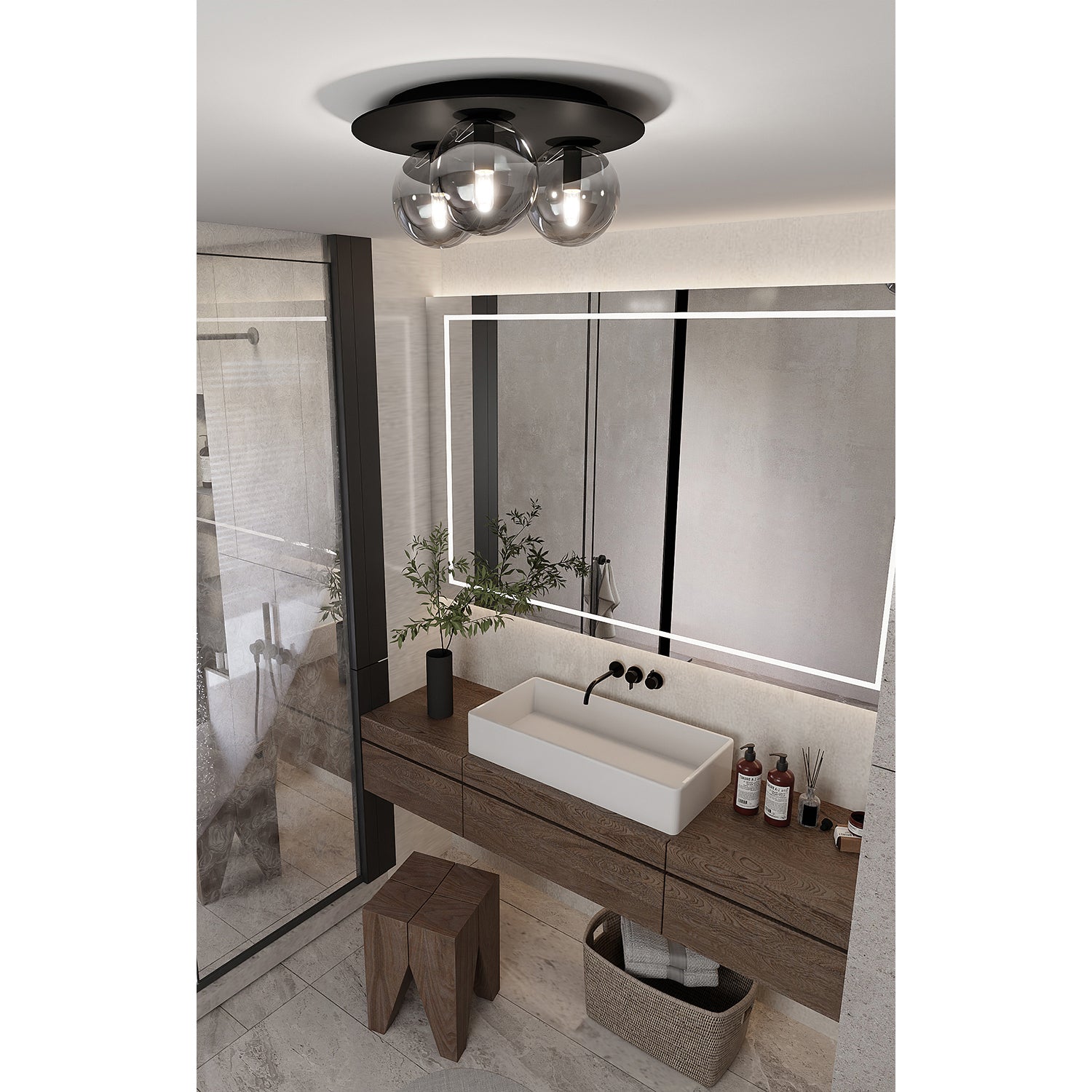 Plafoniera Minimal 3 Luci Mnemosine In Acciaio Nero E Sfere Di Vetro Fumè