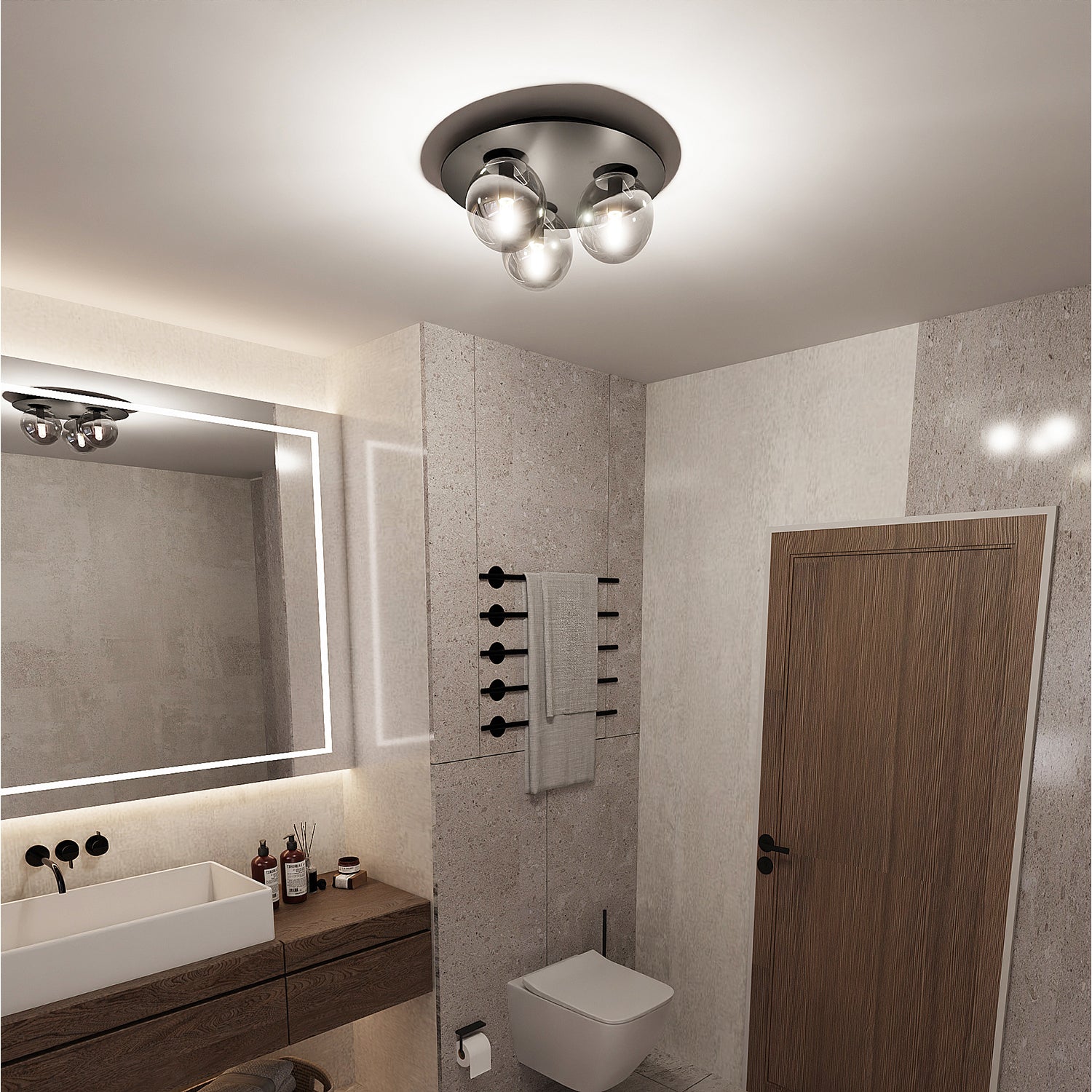 Plafoniera Minimal 3 Luci Mnemosine In Acciaio Nero E Sfere Di Vetro Fumè