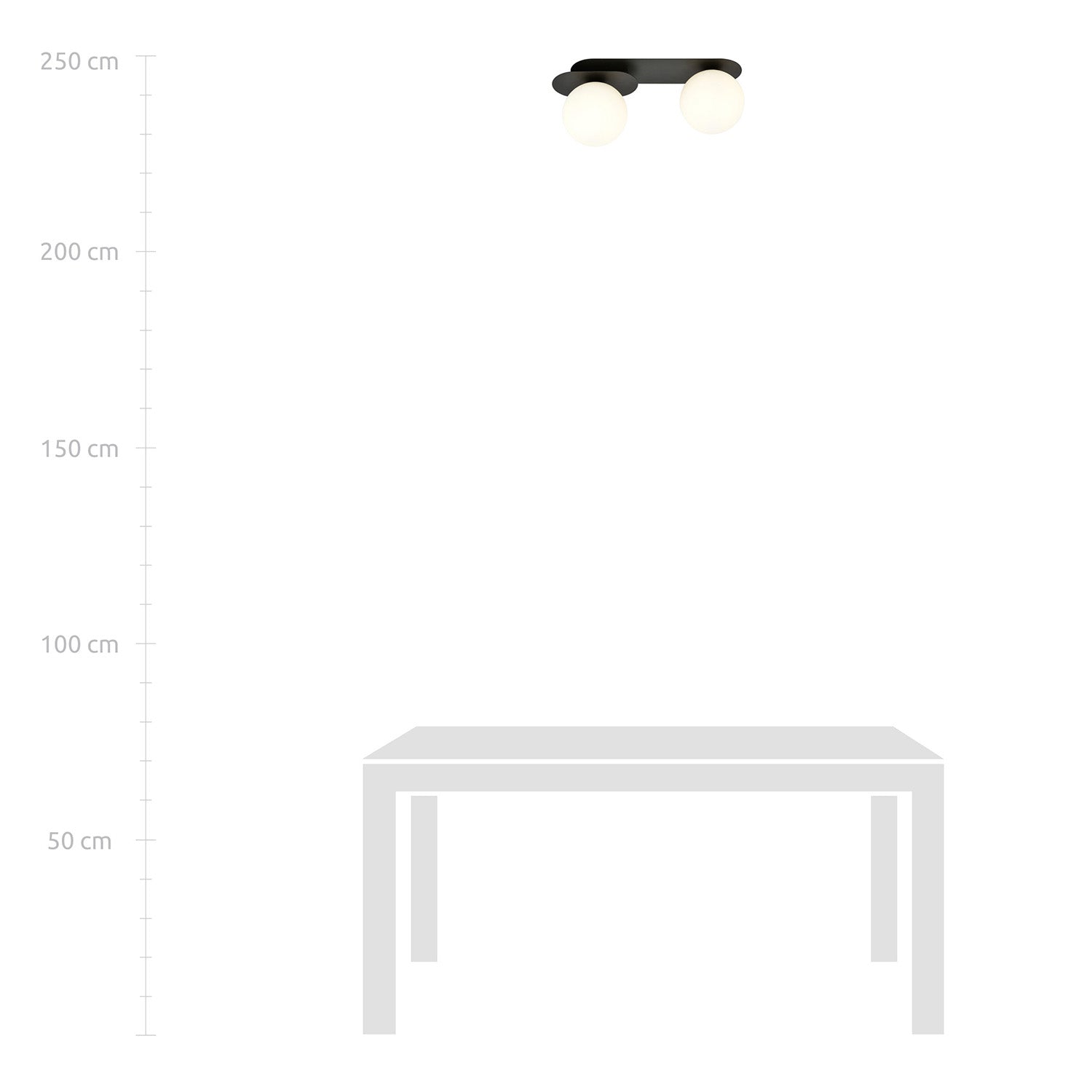 Plafoniera Minimal 2 Luci Teia In Acciaio Nero E Sfere Vetro Opale