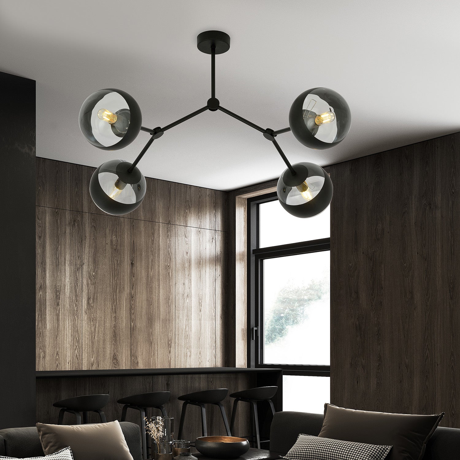 Plafoniera Minimal Iperione Acciaio Nero 4 Luci E14 Ip20