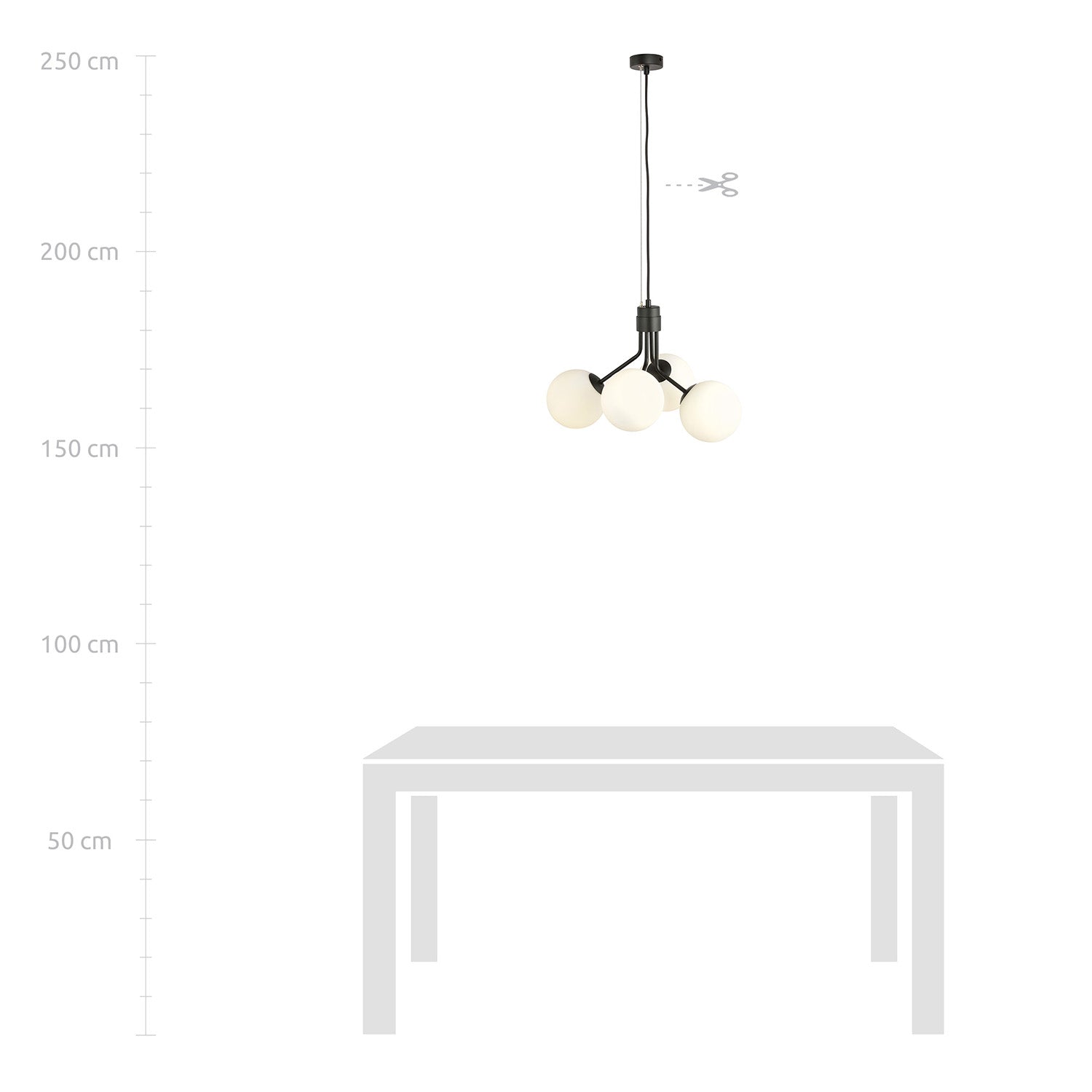 Sospensione Moderna 4 Luci Orione In Acciaio Nero E Sfere Vetro Opale