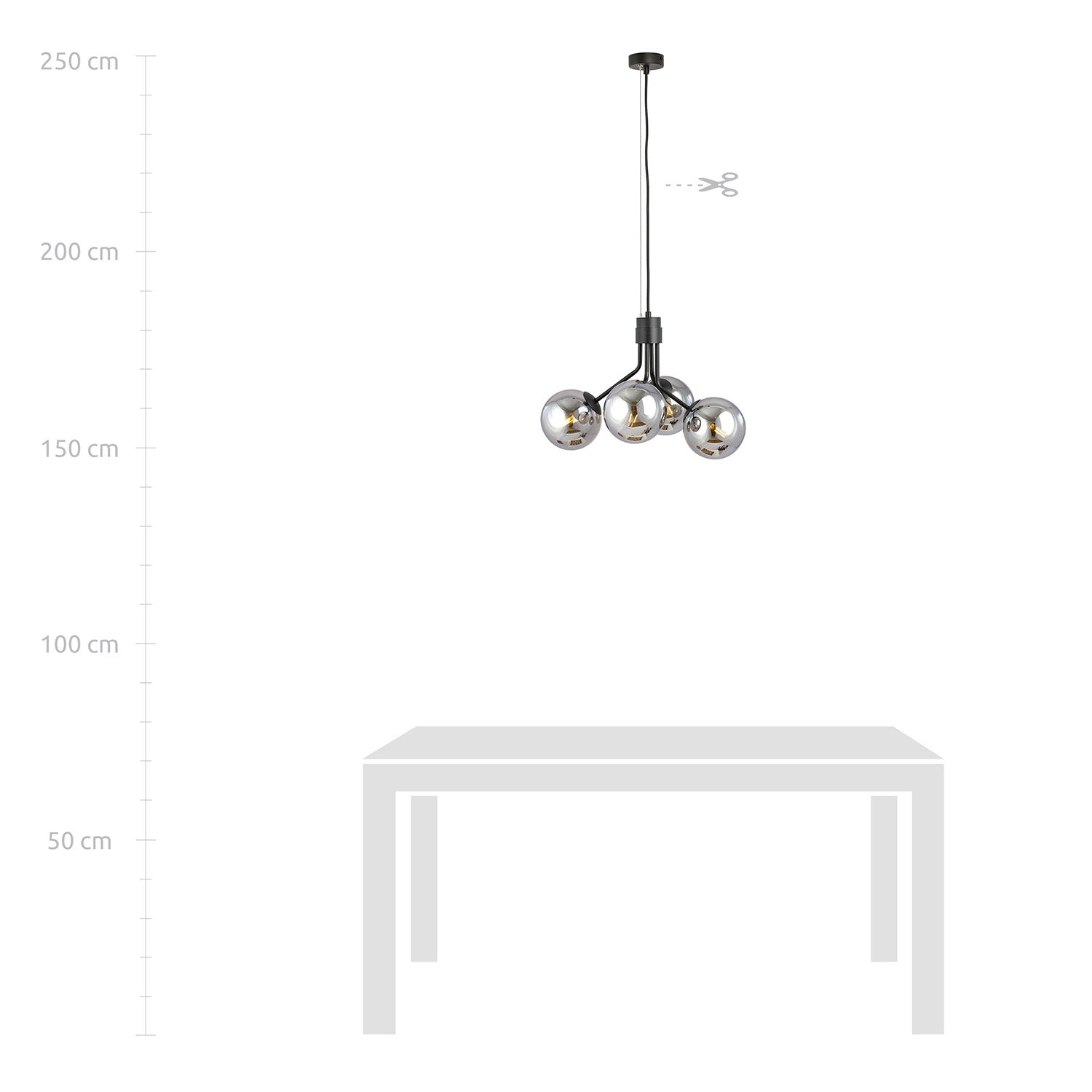 Sospensione Moderna 4 Luci Orione In Acciaio Nero E Sfere Vetro Fumè