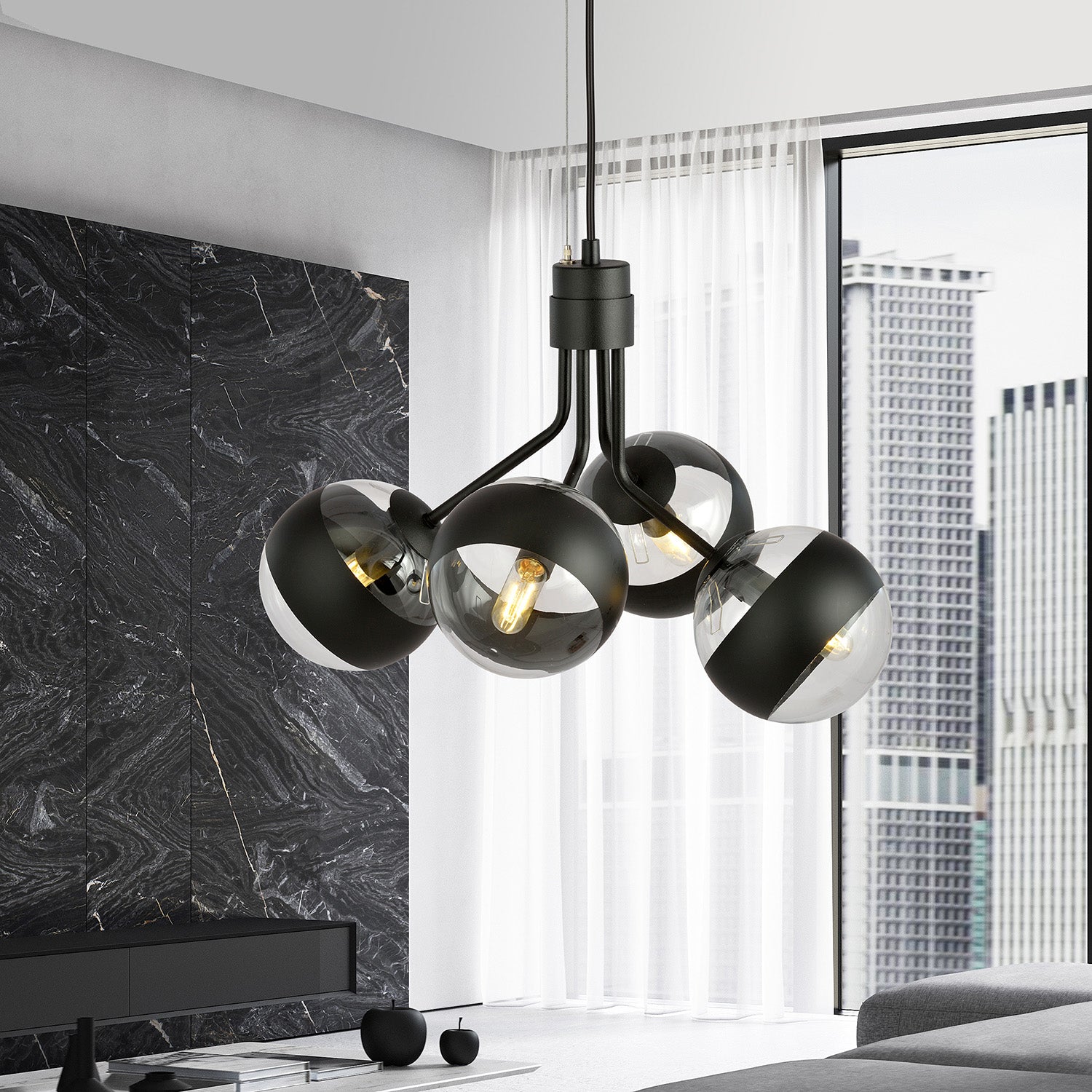 Lampadario Contemporaneo Orione Acciaio Nero 4 Luci E14 Ip20
