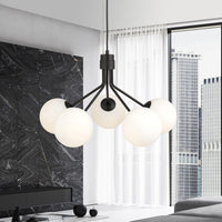 Sospensione Moderna 5 Luci Orione In Acciaio Nero E Sfere Vetro Opale