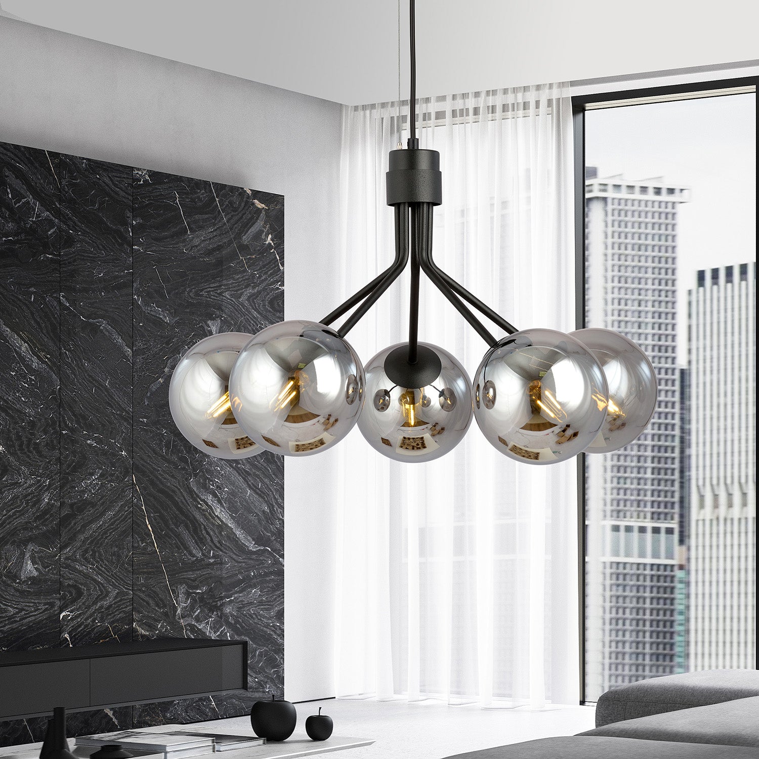 Sospensione Moderna 5 Luci Orione In Acciaio Nero E Sfere Vetro Fumè