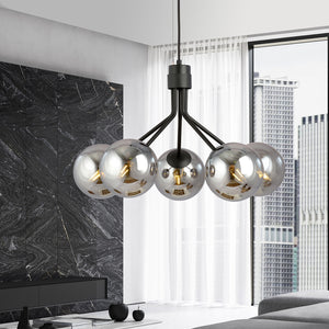 Sospensione Moderna 5 Luci Orione In Acciaio Nero E Sfere Vetro Fumè
