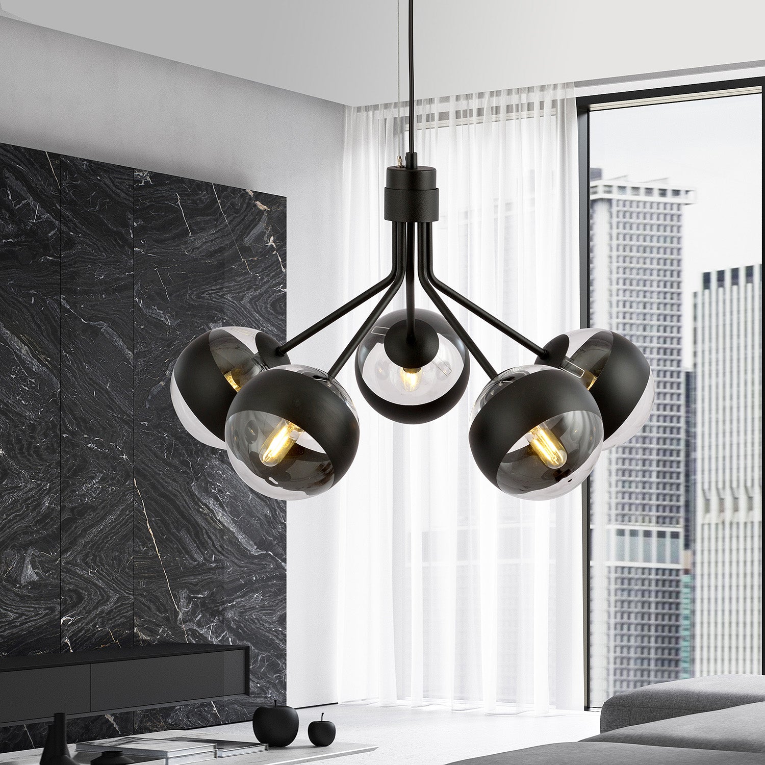 Lampadario Contemporaneo Orione Acciaio Nero 5 Luci E14 Ip20