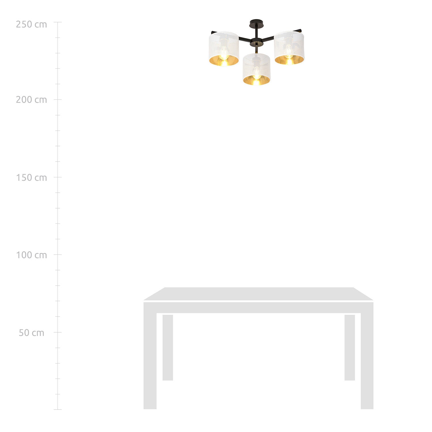 Plafoniera Industrial 3 Luci Cigno In Acciaio Bianco E Paralumi A Cilindro Oro
