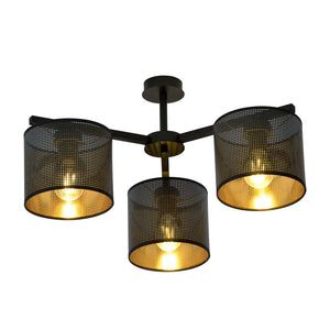 Plafoniera Industrial 3 Luci Cigno In Acciaio Nero E Paralumi A Cilindro Oro