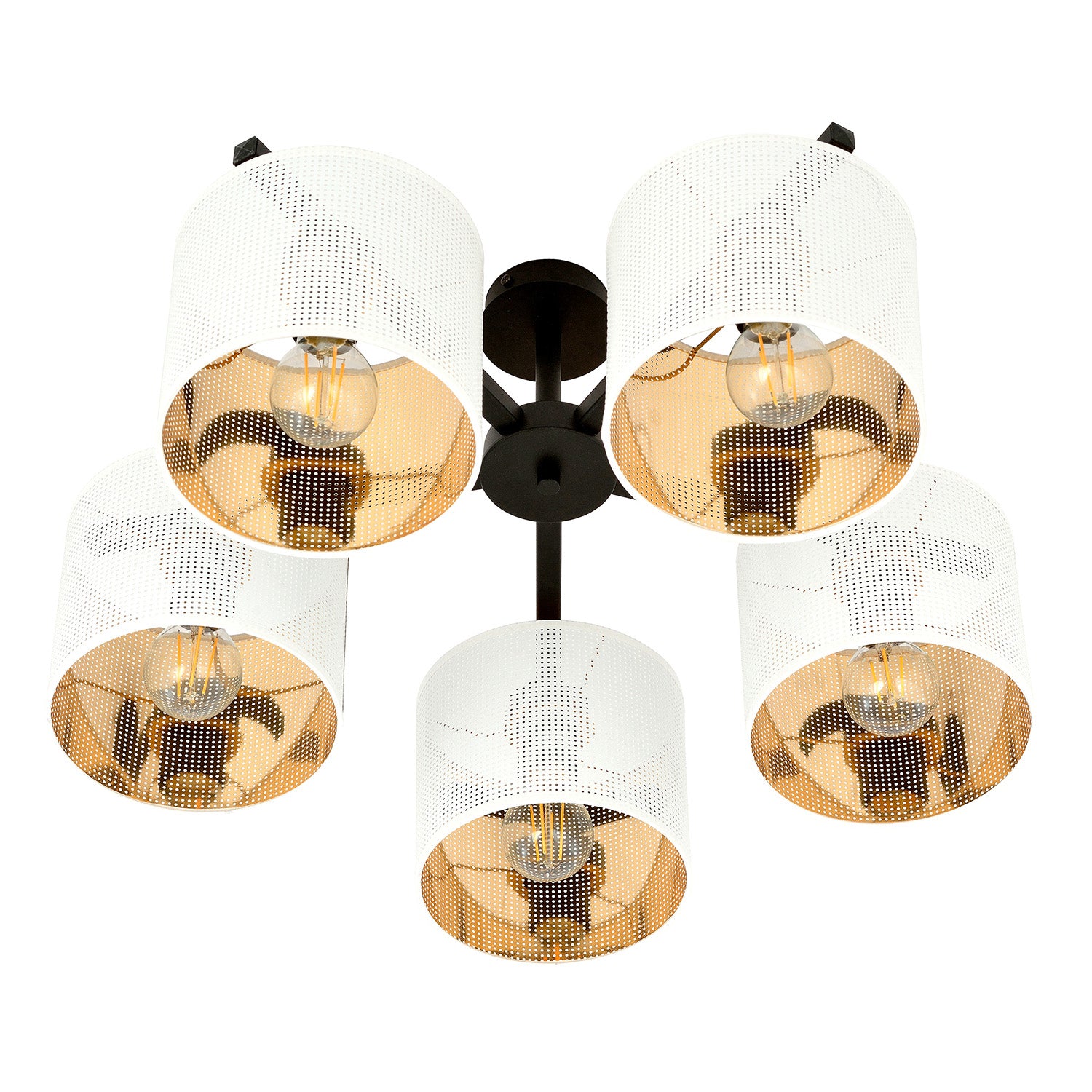 Plafoniera Industrial 5 Luci Cigno In Acciaio Bianco E Paralumi A Cilindro Oro