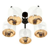 Plafoniera Industrial 5 Luci Cigno In Acciaio Bianco E Paralumi A Cilindro Oro