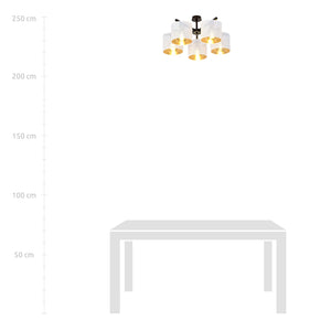 Plafoniera Industrial 5 Luci Cigno In Acciaio Bianco E Paralumi A Cilindro Oro