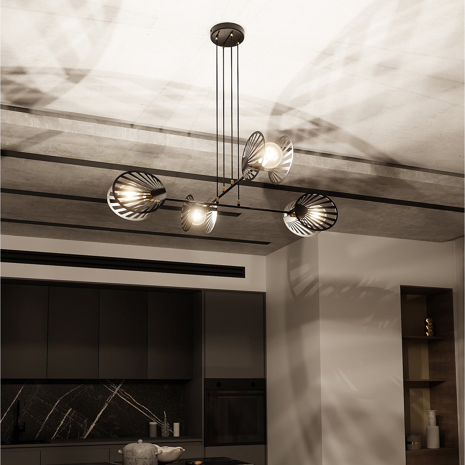 Sospensione Contemporanea 4 Luci Lira In Acciaio Nero E Oro