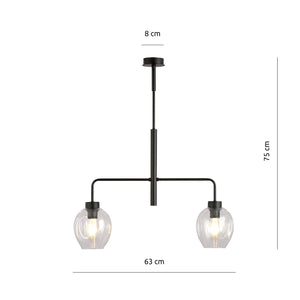 Lampadario Moderno 2 Luci Auriga In Accaio Nero E Vetro Trasparente